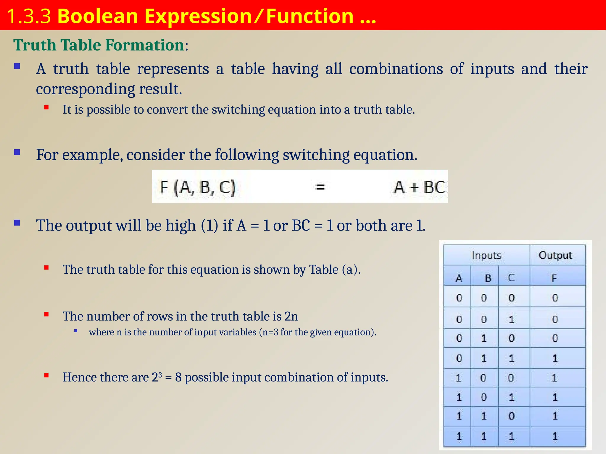 1.3.3 Boolean Expression ⁄ Function …
Truth Table Formation:
 A truth table represents a table having all combinations of inputs and their
corresponding result.

It is possible to convert the switching equation into a truth table.
 For example, consider the following switching equation.
 The output will be high (1) if A = 1 or BC = 1 or both are 1.
 The truth table for this equation is shown by Table (a).
 The number of rows in the truth table is 2n

where n is the number of input variables (n=3 for the given equation).
 Hence there are 23
= 8 possible input combination of inputs.
 