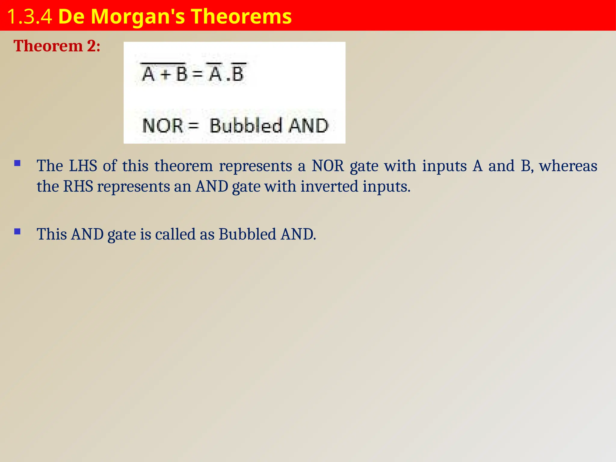 1.3.4 De Morgan's Theorems
Theorem 2:
 The LHS of this theorem represents a NOR gate with inputs A and B, whereas
the RHS represents an AND gate with inverted inputs.
 This AND gate is called as Bubbled AND.
 