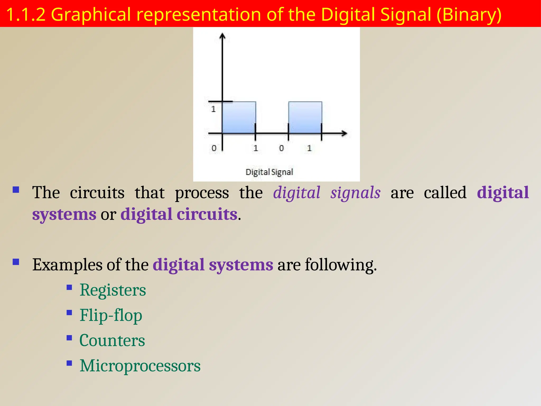 1.1.2 Graphical representation of the Digital Signal (Binary)
 The circuits that process the digital signals are called digital
systems or digital circuits.
 Examples of the digital systems are following.

Registers

Flip-flop

Counters

Microprocessors
 