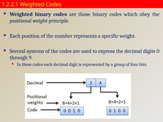1.2.2.1 Weighted Codes
 Weighted binary codes are those binary codes which obey the
positional weight principle.
 Each position of the number represents a specific weight.
 Several systems of the codes are used to express the decimal digits 0
through 9.
 In these codes each decimal digit is represented by a group of four bits.
 