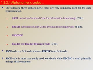 1.2.2.4 Alphanumeric codes …
 The following three alphanumeric codes are very commonly used for the data
representation.
i. ASCII :American Standard Code for Information Interchange (7 Bit).
ii. EBCDIC :Extended Binary Coded Decimal Interchange Code (8 Bit).
iii. UNICODE
iv. Baudot (or Baudot-Murray) Code (5 Bit).
 ASCII code is a 7-bit code whereas EBCDIC is an 8-bit code.
 ASCII code is more commonly used worldwide while EBCDIC is used primarily
in large IBM computers.
 