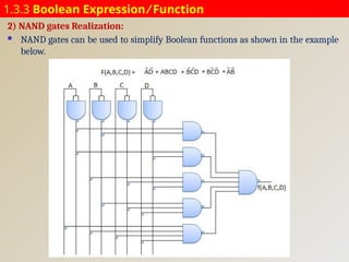 1.3.3 Boolean Expression ⁄ Function
2) NAND gates Realization:
 NAND gates can be used to simplify Boolean functions as shown in the example
below.
 