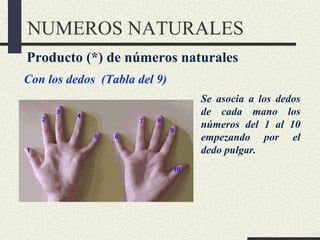 NUMEROS NATURALES
Producto (*) de números naturales
Con los dedos (Tabla del 9)
Se asocia a los dedos
de cada mano los
números del 1 al 10
empezando por el
dedo pulgar.
 