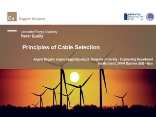 Angelo Baggini, angelo.baggini@unibg.it, Bergamo University - Engineering Department
Via Marconi 5, 24044 Dalmine (BG) – Italy
Leonardo Energy Academy
Power Quality
Principles of Cable Selection
 