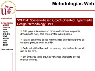 Metodologías Web SOHDM: Scenario-based Object-Oriented Hypermedia Design Methodology. 1998 Esta propuesta ofrece un modelo de escenarios propia, denominada SAC, para representar los requisitos. Para el desarrollo de los mismos hace uso del diagrama de contexto propuesto en los DFD. En la actualidad ha caido en desuso, principalmente por el uso de los DFD.  Sin embargo tiene algunas variantes propuesta por los mismos autores. Introducción Metodologías WSDM SOHDM RNA HFPM OOHDM UWE W2000 UWA NDT DDDP Conclusiones 