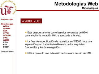 Metodologías Web Metodologías W2000. 2001 Esta propuesta toma como base los conceptos de HDM para ampliar la notación UML y adecuarla a la web. La fase de especificación de requisitos en W2000 hace una separación y un tratamiento diferente de los requisitos funcionales y los de navegación. Utiliza para ello una extensión de los casos de uso de UML. Introducción Metodologías WSDM SOHDM RNA HFPM OOHDM UWE W2000 UWA NDT DDDP Conclusiones 