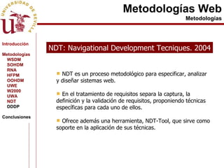 Metodologías Web Metodologías NDT: Navigational Development Tecniques. 2004 NDT es un proceso metodológico para especificar, analizar y diseñar sistemas web. En el tratamiento de requisitos separa la captura, la definición y la validación de requisitos, proponiendo técnicas específicas para cada uno de ellos. Ofrece además una herramienta, NDT-Tool, que sirve como soporte en la aplicación de sus técnicas. Introducción Metodologías WSDM SOHDM RNA HFPM OOHDM UWE W2000 UWA NDT DDDP Conclusiones 
