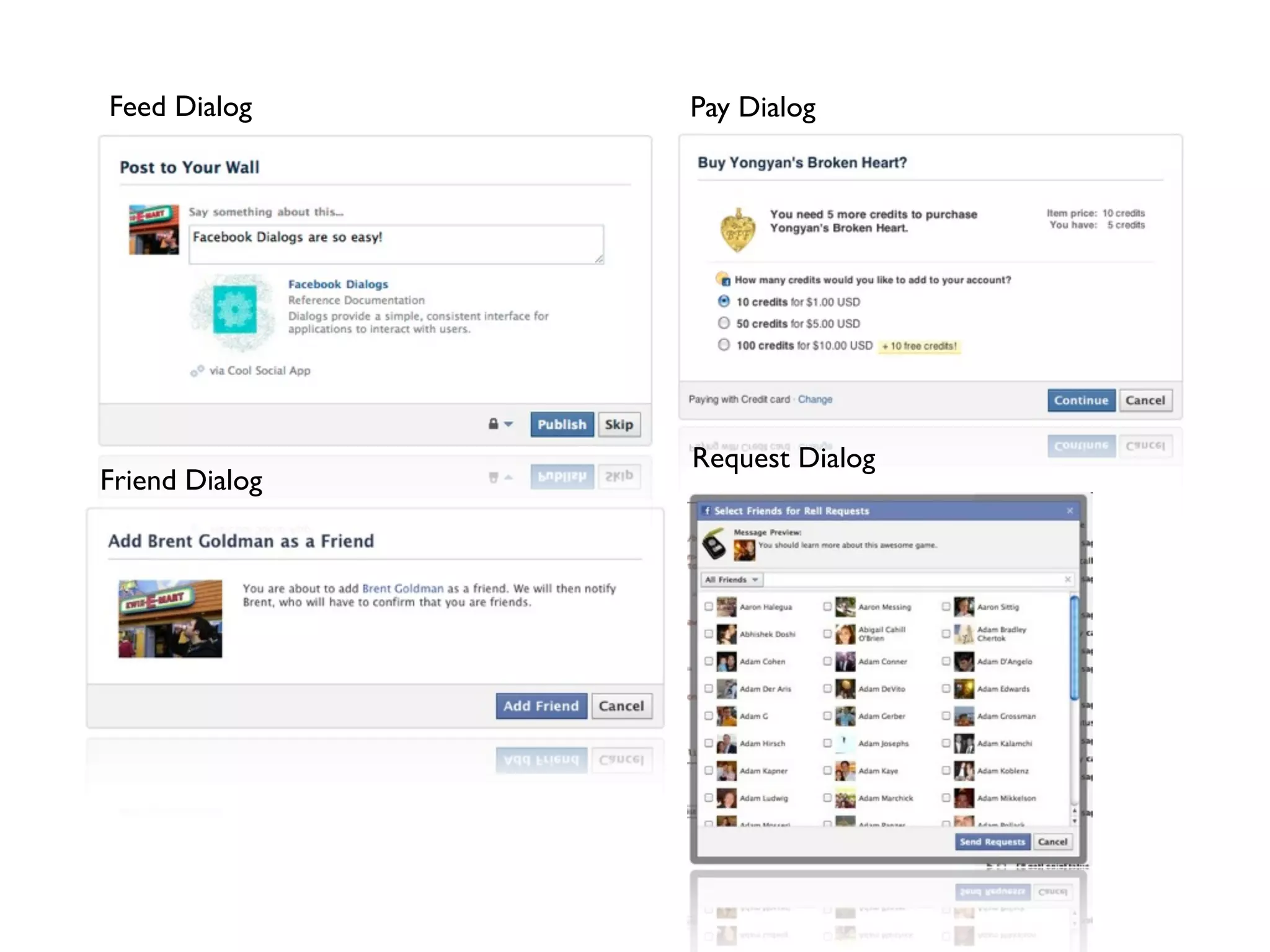 Feed Dialog     Pay Dialog




                Request Dialog
Friend Dialog
 