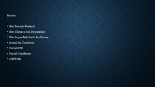Fontes:
• Site Senado Federal
• Site Câmara dos Deputados
• Site Lopes Machado Auditores
• Jornal do Comércio
• Portal CFC
• Portal Contábeis
• CBPT/RS
 