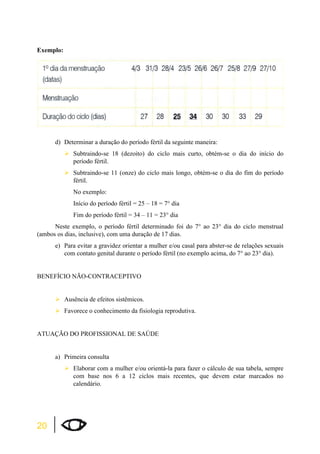 Exemplo: 
20 
d) Determinar a duração do período fértil da seguinte maneira: 
¾Subtraindo-se 18 (dezoito) do ciclo mais curto, obtém-se o dia do início do 
período fértil. 
¾Subtraindo-se 11 (onze) do ciclo mais longo, obtém-se o dia do fim do período 
fértil. 
No exemplo: 
Início do período fértil = 25 – 18 = 7° dia 
Fim do período fértil = 34 – 11 = 23° dia 
Neste exemplo, o período fértil determinado foi do 7° ao 23° dia do ciclo menstrual 
(ambos os dias, inclusive), com uma duração de 17 dias. 
e) Para evitar a gravidez orientar a mulher e/ou casal para abster-se de relações sexuais 
com contato genital durante o período fértil (no exemplo acima, do 7° ao 23° dia). 
BENEFÍCIO NÃO-CONTRACEPTIVO 
¾Ausência de efeitos sistêmicos. 
¾Favorece o conhecimento da fisiologia reprodutiva. 
ATUAÇÃO DO PROFISSIONAL DE SAÚDE 
a) Primeira consulta 
¾Elaborar com a mulher e/ou orientá-la para fazer o cálculo de sua tabela, sempre 
com base nos 6 a 12 ciclos mais recentes, que devem estar marcados no 
calendário. 
 