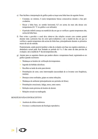 24 
e) Para facilitar a interpretação do gráfico pode-se traçar uma linha base da seguinte forma: 
¾Constatar, no mínimo, 6 (seis) temperaturas baixas consecutivas durante a fase pré-ovulatória. 
¾Riscar a linha base, no sentido horizontal, 0,5 cm acima da mais alta dessas seis 
temperaturas (0,1 °C no gráfico a ser utilizado). 
¾O período infértil começa na manhã do dia em que se verificar a quarta temperatura alta, 
acima da linha base. 
f) Para evitar a gravidez o casal deve abster-se das relações sexuais com contato genital 
durante toda a primeira fase do ciclo (pré-ovultatório) e até a manhã do dia em que se 
verificar a quarta temperatura alta acima da linha base, principalmente durante os primeiros 
meses de uso do método. 
Posteriormente, sendo possível predizer a data da ovulação com base nos registros anteriores, a 
abstinência sexual pode ficar limitada ao período de 4 a 5 dias antes da data prevista da 
ovulação e até a manhã do 4° dia da temperatura alta. 
g) Atentar para os seguintes fatores que podem alterar a temperatura basal, registrando-os no 
gráfico quando ocorrerem: 
¾Mudanças no horário de verificação da temperatura. 
¾Ingestão de bebidas alcóolicas. 
¾Recolher-se tarde da noite para dormir. 
¾Perturbações do sono, sono interrompido (necessidade de se levantar com freqüência, 
insônia). 
¾Doenças como resfriados, gripes ou outras infecções. 
¾Mudanças de ambiente (principalmente nos períodos de férias). 
¾Perturbações emocionais, fadiga, stress, entre outros. 
¾Refeição muito próxima do horário de dormir. 
¾Relações sexuais na madrugada. 
BENEFÍCIO NÃO-CONTRACEPTIVO 
¾Ausência de efeitos sistêmicos. 
¾Favorece o conhecimento da fisiologia reprodutiva. 
 