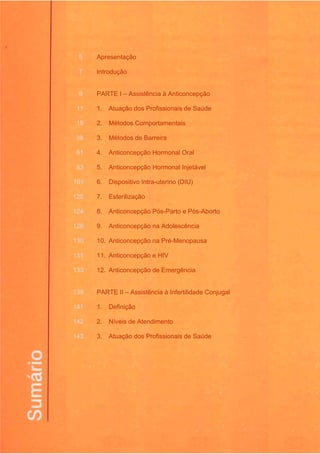 5 Apresentação 
7 Introdução 
9 PARTE I – Assistência à Anticoncepção 
11 1. Atuação dos Profissionais de Saúde 
19 2. Métodos Comportamentais 
38 3. Métodos de Barreira 
61 4. Anticoncepção Hormonal Oral 
83 5. Anticoncepção Hormonal Injetável 
101 6. Dispositivo Intra-uterino (DIU) 
120 7. Esterilização 
124 8. Anticoncepção Pós-Parto e Pós-Aborto 
126 9. Anticoncepção na Adolescência 
130 10. Anticoncepção na Pré-Menopausa 
131 11. Anticoncepção e HIV 
133 12. Anticoncepção de Emergência 
139 PARTE II – Assistência à Infertilidade Conjugal 
141 1. Definição 
142 2. Níveis de Atendimento 
143 3. Atuação dos Profissionais de Saúde 
 