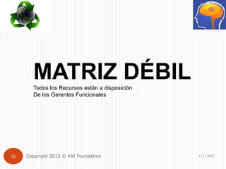 MATRIZ DÉBIL
       Todos los Recursos están a disposición
       De los Gerentes Funcionales




12   Copyright 2012 © KW Foundation             1/2/2012
 