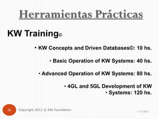 Herramientas Prácticas
KW Training©
              • KW Concepts and Driven Databases©: 10 hs.

                      • Basic Operation of KW Systems: 40 hs.

                • Advanced Operation of KW Systems: 80 hs.

                               • 4GL and 5GL Development of KW
                                              • Systems: 120 hs.


26   Copyright 2012 © KW Foundation                       1/2/2012
 