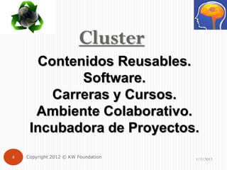 Cluster
      Contenidos Reusables.
            Software.
        Carreras y Cursos.
      Ambiente Colaborativo.
     Incubadora de Proyectos.
4   Copyright 2012 © KW Foundation   1/2/2012
 