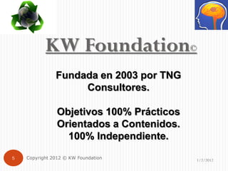 KW Foundation©
               Fundada en 2003 por TNG
                    Consultores.

                Objetivos 100% Prácticos
                Orientados a Contenidos.
                  100% Independiente.
5   Copyright 2012 © KW Foundation         1/2/2012
 