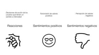 Reacciones
Decisiones de acción de los
usuarios que tienen un
sentido e intensidad
Sentimientos positivos
Transmisión de valores
positivos
Sentimientos negativos
Percepción de valores
negativos
 