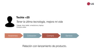 Awareness Cotización Compra Servicio
Techie +25
Tener la última tecnología, mejora mi vida
Trabaja, tiene tablet, smartphone y laptop
Compra online
Relación con lanzamiento de producto.
 