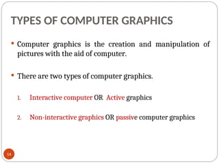TYPES OF COMPUTER GRAPHICS
 Computer graphics is the creation and manipulation of
pictures with the aid of computer.
 There are two types of computer graphics.
1. Interactive computer OR Active graphics
2. Non-interactive graphics OR passive computer graphics
14
 