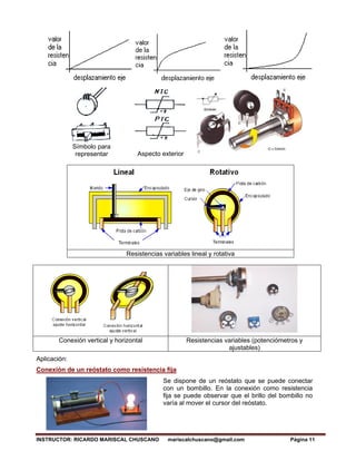 INSTRUCTOR: RICARDO MARISCAL CHUSCANO mariscalchuscano@gmail.com Página 11
Símbolo para
representar Aspecto exterior
Resistencias variables lineal y rotativa
Conexión vertical y horizontal Resistencias variables (potenciómetros y
ajustables)
Aplicación:
Conexión de un reóstato como resistencia fija
Se dispone de un reóstato que se puede conectar
con un bombillo. En la conexión como resistencia
fija se puede observar que el brillo del bombillo no
varía al mover el cursor del reóstato.
 