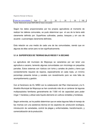 Diagnóstico Municipal de Mojocoya


Todas las comunidades               Sud     25             25   20         30        100
Fuente: Elaboración propia IADR 2000 en base a encuestas



Según los datos proporcionados por los propios agricultores al momento de
realizar los talleres comunales, se pudo determinar que el uso de la tierra está
claramente definido por: Superficies cultivadas, pastos, bosques y sin uso de
acuerdo a porcentajes claramente definidos.


Esta relación es una media de cada una de las comunidades, siendo que en
algunas de ellas varían pero no tan significativamente.


5.1.4 SUPERFICIES DE TIERRAS BAJO RIEGO Y A SECANO


La agricultura del municipio de Mojocoya se caracteriza por ser tener una
agricultura a secano, teniendo algunas comunidades con microriego en pequeñas
parcelas. Estos sistemas son rústicos con toma y canales de piedra y tierra que
constantemente requiere de reparos, especialmente en cada riada, un mínimo
porcentaje presenta tomas y canales con revestimiento poro se nota falta de
acompañamiento y gestión.


Con el fenómeno de EL NIÑO con la colaboración del Plan Internacional y la H.
Alcaldía Municipal de Mojocoya se han construido más de un centenar de lagunas
multiporpósitos familiares generalmente de 7.500 m3 de capacidad para poder
irrigar 1 hectárea y utilizar este líquido elemento en cultivos rentables y hortalizas.


Según entrevista, se ha podido determinar que en estas lagunas falta el manejo de
las mismas con una asistencia técnica en los aspectos de: producción ecológica,
introducción de variedades, control de plagas y enfermedades, transformación, y
comercialización de la producción.




I.D.A.R.                                                                              140
 