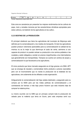 Diagnóstico Municipal de Mojocoya


Curima               Sur       100   22   13   15
Fuente: Elaboración propia IDAR 2000



Esta zona se caracteriza por presentar los mejores rendimientos de los cultivos de
papa, maíz y cereales menores por las características climáticas apropiadas para
estos cultivos y la tradición de los agricultores en los cultivo .


5.2.5 DESTINO DE LA PRODUCCIÓN


El principal obstáculo que tiene los agricultores del municipio de Mojocoya está
definido por la comercialización y los medios de transporte. Si bien los agricultores
pueden producir volúmenes apreciables para su comercialización la calidad de los
mismos no es la mejor la que disminuye el costo de venta, asimismo si son
capaces de producir no pueden extraer su producción a los centros poblados o las
ciudades y están obligados a vender en precios insignificantes a los intermediarios
que generalmente son transportistas. Tampoco se cuenta con centros de acopio y
comercialización lo que favorecería a los agricultores.


El único producto que tiene mercado asegurado es el trigo gracias a la ONG. APT
que se encarga de rescatar y comercializar dicho producto a precios razonables
pero con el inconveniente que no recibe la producción de la totalidad de los
agricultores, sino solamente de los afiliados a esta organización.


Antiguamente la comercialización del trigo estaba destinado y asegurado para su
compra por la SIDS pero por las malas políticas de comercialización y el
contrabando de harinas a más bajo precio hicieron que esta industria deje de
comprar la materia prima.


Lo mismo ocurrido con la CBN que en principio compró toda la producción de
cebada para la maltería que tenía en Sucre, pero esta empresa cerró sus



I.D.A.R.                                                                          153
 
