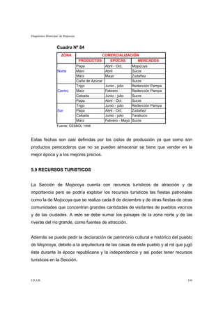 Diagnóstico Municipal de Mojocoya



                   Cuadro Nº 84
                      ZONA                       COMERCIALIZACIÓN
                                     PRODUCTOS          EPOCAS         MERCADOS
                                    Papa             Abril - Oct.   Mojocoya
                    Norte           Maní             Abril          Sucre
                                    Maíz             Mayo           Zudañez
                                    Caña de Azúcar                  Sucre
                                    Trigo            Junio - julio  Redención Pampa
                    Centro          Maíz             Febrero        Redención Pampa
                                    Cebada           Junio - julio  Sucre
                                    Papa             Abril - Oct.   Sucre
                                    Trigo            Junio - julio  Redención Pampa
                    Sur             Papa             Abril - Oct.   Zudañez
                                    Cebada           Junio - julio  Tarabuco
                                    Maíz             Febrero - Mayo Sucre
                   Fuente: CESBOL 1998



Estas fechas son casi definidas por los ciclos de producción ya que como son
productos perecederos que no se pueden almacenar se tiene que vender en la
mejor época y a los mejores precios.


5.9 RECURSOS TURISTICOS


La Sección de Mojocoya cuenta con recursos turísticos de atracción y de
importancia pero se podría explotar los recursos turísticos las fiestas patronales
como la de Mojocoya que se realiza cada 8 de diciembre y de otras fiestas de otras
comunidades que concentran grandes cantidades de visitantes de pueblos vecinos
y de las ciudades. A esto se debe sumar los paisajes de la zona norte y de las
riveras del río grande, como fuentes de atracción.


Además se puede pedir la declaración de patrimonio cultural e histórico del pueblo
de Mojocoya, debido a la arquitectura de las casas de este pueblo y al rol que jugó
éste durante la época republicana y la independencia y así poder tener recursos
turísticos en la Sección.



I.D.A.R.                                                                              180
 