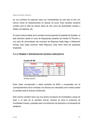 Diagnóstico Municipal de Mojocoya


es una carretera de segunda clase con transitabilidad de casi todo el año con
tramos cortos de deslizamientos en épocas de lluvia. Esta carretera presenta
cunetas pero le falta las demás obras de arte como las alcantarillas simples y
dobles, los badenes, etc.


El camino desvía desde de la carretera troncal pasando la localidad de Zudañez, al
lado derechos desde el cruce de Kepupampa pasando por Rodeo El Porvenir y
una serie de comunidades del municipio de Mojocoya hasta llegar a Redención
Pampa, para luego continuar hasta Mojocoya. Este tramo tiene las siguientes
longitudes:


5.11.2 TRAMOS Y DISTANCIAS DE ACCESO A MOJOCOYA


                   Cuadro Nº 86
                               TRAMOS            DISTANCIAS   TIEMPO EN
                                                     Km.       MINUTOS
                    Sucre - Zudañez                  110         120
                    Zudañez - Quepupampa              20          30
                    Quepupampa - Redención            60         120
                    Redención - Mojocoya              15          15
                   Fuente: Elaboración propia IDAR 2000
                   Movilidad pequeña



Estos datos corresponden a datos extraídos de ADIC y comparados con el
cuentaquilómetros de la movilidad, los tiempos son calculados como media cuando
la carretera está en buenas condiciones.


Este camino carretero tiene una muy buena circulación de movilidades a pesar de
estar a un lado de la carretera troncal, siempre se tiene la presencia de
movilidades livianas y pesadas para a la extracción de productos y el transporte de
pasajeros.




I.D.A.R.                                                                        183
 