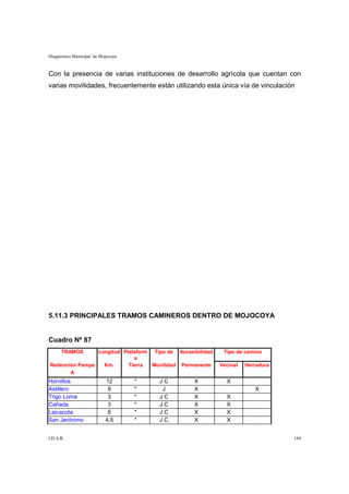 Diagnóstico Municipal de Mojocoya


Con la presencia de varias instituciones de desarrollo agrícola que cuentan con
varias movilidades, frecuentemente están utilizando esta única vía de vinculación




5.11.3 PRINCIPALES TRAMOS CAMINEROS DENTRO DE MOJOCOYA


Cuadro Nº 87
      TRAMOS    Longitud Plataform Tipo de Accesibilidad    Tipo de camino
                             a
Redención Pampa   Km.      Tierra  Movilidad Permanente    Vecinal   Herradura
       A
Hornillos                  12       *   JC       X           X
Astillero                   9       *    J       X                      X
Trigo Loma                  3       *   JC       X           X
Cañada                      3       *   JC       X           X
Laicacota                   6       *   JC       X           X
San Jerónimo               4,5      *   JC       X           X


I.D.A.R.                                                                         184
 