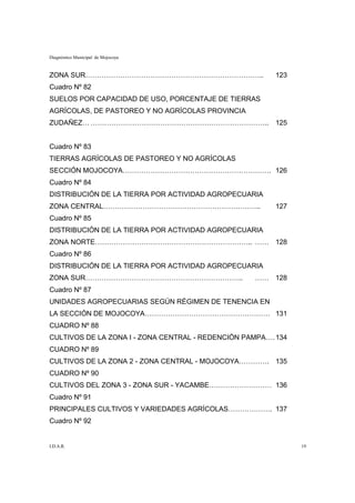 Diagnóstico Municipal de Mojocoya


ZONA SUR…………………………………………………………………..                      123
Cuadro Nº 82
SUELOS POR CAPACIDAD DE USO, PORCENTAJE DE TIERRAS
AGRÍCOLAS, DE PASTOREO Y NO AGRÍCOLAS PROVINCIA
ZUDAÑEZ… ………………………………………………………………….. 125


Cuadro Nº 83
TIERRAS AGRÍCOLAS DE PASTOREO Y NO AGRÍCOLAS
SECCIÓN MOJOCOYA………………………………………………………. 126
Cuadro Nº 84
DISTRIBUCIÓN DE LA TIERRA POR ACTIVIDAD AGROPECUARIA
ZONA CENTRAL…………………………………………………………..                     127
Cuadro Nº 85
DISTRIBUCIÓN DE LA TIERRA POR ACTIVIDAD AGROPECUARIA
ZONA NORTE………………………………………………………….. …… 128
Cuadro Nº 86
DISTRIBUCIÓN DE LA TIERRA POR ACTIVIDAD AGROPECUARIA
ZONA SUR…………………………………………………………..                   …… 128
Cuadro Nº 87
UNIDADES AGROPECUARIAS SEGÚN RÉGIMEN DE TENENCIA EN
LA SECCIÓN DE MOJOCOYA……………………………………………… 131
CUADRO Nº 88
CULTIVOS DE LA ZONA I - ZONA CENTRAL - REDENCIÓN PAMPA…. 134
CUADRO Nº 89
CULTIVOS DE LA ZONA 2 - ZONA CENTRAL - MOJOCOYA…………. 135
CUADRO Nº 90
CULTIVOS DEL ZONA 3 - ZONA SUR - YACAMBE……………………… 136
Cuadro Nº 91
PRINCIPALES CULTIVOS Y VARIEDADES AGRÍCOLAS………………. 137
Cuadro Nº 92


I.D.A.R.                                                       19
 