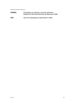 Diagnóstico Municipal de Mojocoya


CESBOL                       Consultores en estudios y servicios bolivianos
                             Diagnóstico Municipal Municipio de Mojocoya (1998)

FAO                          Guía de metodología de planificación (1995)




I.D.A.R.                                                                          223
 