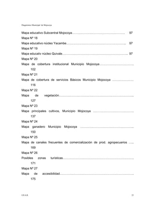 Diagnóstico Municipal de Mojocoya


Mapa educativo Subcentral Mojocoya…………………………………………….                  97
Mapa Nº 18
Mapa educativo núcleo Yacambe…………………………………………………..                    97
Mapa Nº 19
Mapa educativ núcleo Quivale……………………………………………………….. 97
Mapa Nº 20
Mapa de cobertura institucional Municipio Mojocoya…………………………….
           102
Mapa Nº 21
Mapa de cobertura de servicios Básicos Municipio Mojocoya …………………
           116
Mapa Nº 22
Mapa          de        vegetación………………………………………………………………..
           127
Mapa Nº 23
Mapa principales cultivos, Municipio Mojocoya ………………………………….
           137
Mapa Nº 24
Mapa        ganadero         Municipio   Mojocoya   ……………………………………………..
           150
Mapa Nº 25
Mapa de canales frecuentes de comercialización de prod. agropecuarios …..
           169
Mapa Nº 26
Posibles          zonas        turísticas…………………………………………………………….
           171
Mapa Nº 27
Mapa         de       accesibilidad……………………………………………………………….
           175




I.D.A.R.                                                               25
 