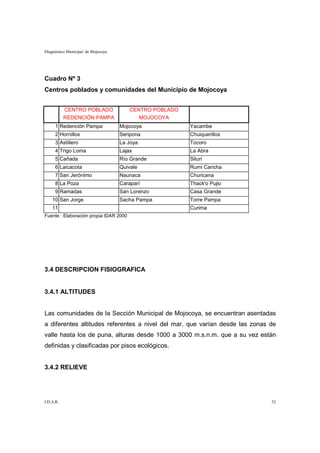 Diagnóstico Municipal de Mojocoya




Cuadro Nº 3
Centros poblados y comunidades del Municipio de Mojocoya


           CENTRO POBLADO               CENTRO POBLADO
           REDENCIÓN PAMPA                 MOJOCOYA
      1 Redención Pampa             Mojocoya             Yacambe
      2 Hornillos                   Seripona             Chuiquerillos
      3 Astillero                   La Joya              Tocoro
      4 Trigo Loma                  Lajas                La Abra
      5 Cañada                      Río Grande           Situri
      6 Laicacota                   Quivale              Rumi Cancha
      7 San Jerónimo                Naunaca              Churicana
      8 La Poza                     Caraparí             Thack'o Pujio
      9 Ramadas                     San Lorenzo          Casa Grande
    10 San Jorge                    Sacha Pampa          Torre Pampa
    11                                                   Curima
Fuente : Elaboración propia IDAR 2000




3.4 DESCRIPCION FISIOGRAFICA


3.4.1 ALTITUDES


Las comunidades de la Sección Municipal de Mojocoya, se encuentran asentadas
a diferentes altitudes referentes a nivel del mar, que varían desde las zonas de
valle hasta los de puna, alturas desde 1000 a 3000 m.s.n.m. que a su vez están
definidas y clasificadas por pisos ecológicos.


3.4.2 RELIEVE




I.D.A.R.                                                                      52
 