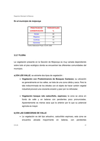 Diagnóstico Municipal de Mojocoya



En el municipio de mojocoya


                            PRACTICAS DE               PORCENTAJES
                           CONSERVACIÓN                           %
                                    Zanjas                        42
                                    Reparos                       20
                                    Cortinas                      11
                                Gaviones                          15
                       Fuente: Elaboración Propia I.D.A.R. 2000




3.5.7 FLORA


La vegetación presente en la Sección de Mojocoya es muy variada dependiendo
sobre todo al piso ecológico donde se encuentran las diferentes comunidades del
municipio.


a) EN LOS VALLE; se advierte dos tipos de vegetación :
           • Vegetación con Predominancia de Bosques Cactaceo; su ubicación
             es generalmente en los valles, se trata de una zona cálida y seca. Pero la
             tala indiscriminada de los árboles con el objeto de hacer carbón vegetal
             industrial provocó una creciente erosión y peor por no reforestar.


           • Vegetación bosque ralo caducifolio, espinoso; la zona se ubica en
             fondo de valle y en laderas con pendientes poco pronunciadas.
             Aparentemente es menos seca que la anterior por lo que su potencial
             agrícola es mayor.


b) EN LAS CABECERAS DE VALLE
           • La vegetación es del tipo arbustivo, caducifolio espinoso, esta zona se
             encuentra              ubicada     mayormente             en   laderas,   con   pendientes

I.D.A.R.                                                                                             65
 