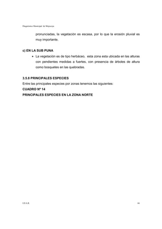 Diagnóstico Municipal de Mojocoya


             pronunciadas, la vegetación es escasa, por lo que la erosión pluvial es
             muy importante.


c) EN LA SUB PUNA
           • La vegetación es de tipo herbáceo, esta zona esta ubicada en las alturas
             con pendientes medidas a fuertes, con presencia de árboles de altura
             como bosquetes en las quebradas.


3.5.8 PRINCIPALES ESPECIES
Entre las principales especies por zonas tenemos las siguientes:
CUADRO Nº 14
PRINCIPALES ESPECIES EN LA ZONA NORTE




I.D.A.R.                                                                           66
 