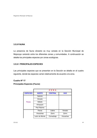 Diagnóstico Municipal de Mojocoya




3.5.9 FAUNA


La presencia de fauna silvestre es muy variada en la Sección Municipal de
Mojocoya variando entre los diferentes zonas y comunidades. A continuación se
detalla los principales especies por zonas ecológicas.


3.5.9.1 PRINCIPALES ESPECIES


Las principales especies que se presentan en la Sección se detalla en el cuadro
siguiente, donde las especies varían relativamente de acuerdo a la zona.


Cuadro Nº 17
Principales Especies (Fauna)


                                                    Z O N A
                   ESPECIES            NORTE        CENTRAL       SUD
                                       Salmón
                                       Dorado
                      Peces            Sábalo
                                      K'harachi
                                     Pez Paloma
                                       Pavas         Liebre      Venado
                                      Viscachas       Zorro       Zorro
                                    León de Monte   Comadreja   Vizcachas


I.D.A.R.                                                                     69
 