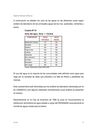Diagnóstico Municipal de Mojocoya


A continuación se detallan los usos de las aguas en las diferentes zonas según
análisis de laboratorio de los principales aguas de los ríos, quebradas, vertientes y
pozos.
                   Cuadro Nº 21
                   Usos del agua Zona 1 Central
                       COMUNIDAD             AGUA         AGUA
                                           POTABLE        RIEGO
                    Redención Pampa            Si          No
                    Hornillos                  No          No
                    Astillero                  No          No
                    Trigo Loma                 No          No
                    Cañada                     No          No
                    Laicacota                  Si          No
                    San Jerónimo               No          Si
                    La Poza                    No          No
                    Ramadas                    No          No
                    San Jorge                  No          No
                   Fuente: Elaboración propia IDAR 2000



El uso del agua en la mayoría de las comunidades está definida como agua para
riego por la cantidad de sales que presenta y la falta de filtrara y potabilizar las
mismas.


Esta característica está refrendada por los análisis de laboratorio efectuadas por la
Ex CORDECH y por algunos realizados recientemente cuyos análisis se presentan
en anexos.


Recientemente en el mes de diciembre de 1999 se puso en funcionamiento la
distribución domiciliaria de agua potable a cargo del PROSABAR conjuntamente el
Comité de aguas creado para el efecto.




I.D.A.R.                                                                           74
 