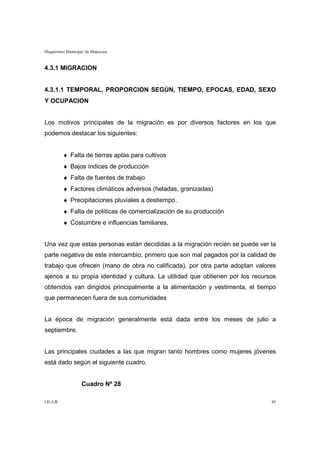 Diagnóstico Municipal de Mojocoya



4.3.1 MIGRACION


4.3.1.1 TEMPORAL, PROPORCION SEGÚN, TIEMPO, EPOCAS, EDAD, SEXO
Y OCUPACION


Los motivos principales de la migración es por diversos factores en los que
podemos destacar los siguientes:


           ♦ Falta de tierras aptas para cultivos
           ♦ Bajos índices de producción
           ♦ Falta de fuentes de trabajo
           ♦ Factores climáticos adversos (heladas, granizadas)
           ♦ Precipitaciones pluviales a destiempo.
           ♦ Falta de políticas de comercialización de su producción
           ♦ Costumbre e influencias familiares.


Una vez que estas personas están decididas a la migración recién se puede ver la
parte negativa de este intercambio, primero que son mal pagados por la calidad de
trabajo que ofrecen (mano de obra no calificada), por otra parte adoptan valores
ajenos a su propia identidad y cultura. La utilidad que obtienen por los recursos
obtenidos van dirigidos principalmente a la alimentación y vestimenta, el tiempo
que permanecen fuera de sus comunidades


La época de migración generalmente está dada entre los meses de julio a
septiembre.


Las principales ciudades a las que migran tanto hombres como mujeres jóvenes
está dado según el siguiente cuadro.


                   Cuadro Nº 28

I.D.A.R.                                                                       85
 