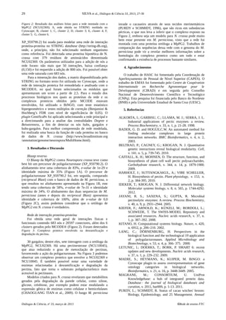 29 SILVA et al., Diálogos & Ciência 33, 2013, 27-30
Figura 2: Resultado das análises feitas para a rede montada com a
MpPG2 (NCU02369); A, rede obtida no STRING moldada no
Cytoscape; B, cluster 1; C, cluster 2; D, cluster 3; E, cluster 4; F,
cluster 5; G, cluster 6.
XP_959790.2) foi usada para modelar uma rede de interação
proteína-proteína no STRING database (http://string-db.org),
onde, a princípio, não foi selecionado nenhum organismo
como referência. Foi detectada uma proteína hipotética de N.
crassa com 379 resíduos de aminoácidos denominada
NCU02369. Os parâmetros utilizados para a adição de nós a
rede foram: não mais que 50 interações, baixa confiança
(0,150) e foi requerido a adição de 800 nós. Foi possível obter
uma rede saturada com 683 nós.
Para a mineração dos dados, a matriz disponibilizada pelo
STRING no formato texto foi utilizada no Cytoscape, onde a
rede de interação proteica foi remodelada e analisada com o
MCODE®, no qual foram selecionados os módulos que
apresentaram um score a partir de 2,5. Para o estudo dos
processos biológicos nos quais as proteínas da rede e os
complexos proteicos obtidos pelo MCODE estavam
envolvidos, foi utilizado o BiNGO, com teste estatístico
hipergeométrico e testes múltiplos de correção (Benjamini &
Hochberg’s FDR com nível de significância de 0,05). O
plugin CentiScaPe foi aplicado selecionando a rede principal e
a direcionando para a analise das centralidades Degree e
Betweenness, a fim de detectar os nós hubs, gargalos e
hubs-gargalos. Para melhor compreensão de rede modelada,
foi realizada uma busca da função de cada proteína no banco
de dados de N. crassa (http://www.broadinstitute.org
/annotation/genome/neurospora/MultiHome.html).
3. Resultados e Discussão
Blastp reverso
O Blastp da MpPG2 contra Neurospora crassa teve como
best hit um precursor de poligalacturonase (XP_959790.2). O
alinhamento teve uma cobertura de 83%, e-value de 1e-29 e
identidade máxima de 35% (Figura 1A). O precursor de
poligalacturonase XP_959790.2 foi, em seguida, comparado
(reciprocal Blast) com o banco de dados de M. perniciosa, o
que resultou no alinhamento apresentado na Figura 1B, este
tendo uma cobertura de 58%, e-value de 7e-31 e identidade
máxima de 34%. O alinhamento das duas sequencias de M.
perniciosa (antes e depois do reciprocal Blast) apresentou
identidade e cobertura de 100%, além de e-value de 0,0
(Figura 2C), assim podemos considerar que o ortólogo de
MpPG2 em N. crassa é verdadeiro.
Rede de interação proteína-proteína
Foi obtida uma rede geral de interações físicas e
funcionais contendo 683 nós e 20597 conectores, além dos 6
clusters gerados pelo MCODE® (Figura 2). Foram detectados
Figura 3: Complexo proteico envolvido na desramificação e
degradação da pectina.
30 gargalos; dentre eles, sete interagem com a ortóloga da
MpPG2, NCU02369. Há uma pectinesterase (NCU10045),
que atua reduzindo o grau de metoxilação de pectinas,
favorecendo a ação da poligacturonase. Na Figura 3 podemos
observar um complexo proteico que envolve a NCU02369 e
NCU10045. É também possível notar uma variedade de
enzimas relacionadas à desramificação e degradação da
pectina, fato que torna o substrato poligalacturônico mais
acessível às pectinases.
Modelos criados para N. crassa revelaram que metabólitos
gerados pela degradação da parede celular, como xilose,
glicose, celobiose, por exemplo podem estar modulando a
expressão gênica de enzimas como celulase e hemicelulases
(CHAOGUANG TIAN et al., 2009). O fungo M. perniciosa
invade o cacaueiro através de seus tecidos meristemáticos
(PURDY e SCHMIDT, 1996), que são ricos em substâncias
pécticas, o que nos leva a inferir que o complexo exposto na
Figura 2, embora seja um modelo para N. crassa pode muito
bem estar presente em M. perniciosa, visto que a rede foi
montada com uma proteína ortóloga a MpPG2. Trabalhos de
comparação das sequências dessa rede com o genoma do M.
perniciosa pode vir a revelar melhores informações sobre a
homologia do complexo proteico como um todo e estar
confirmando a existência de processos bastante similares.
4. Agradecimentos
O trabalho de HASC foi fomentado pela Coordenação de
Aperfeiçoamento de Pessoal de Nível Superior (CAPES). O
trabalho de EMAS foi fomentado pelo Centre de Coopération
Internationale en Recherche Agronomique pour le
Développement (CIRAD) e em seguida pelo Conselho
Nacional de Desenvolvimento Científico e Tecnológico
(CNPq). Esta pesquisa foi financiada pelo Banco do Nordeste
(BNB) e pela Universidade Estadual de Santa Cruz (UESC).
5. Referências
ALKORTA, I.; GARBISU, C.; LLAMA, M. J.; SERRA, J. L.
Industrial applications of pectic enzymes: a review.
Process Biochemistry, v. 33, n. 1, p. 21-28. 1998.
BADER, G. D. and HOGUE,C.W. An automated method for
finding molecular complexes in large protein
interaction networks. BMC Bioinformatics, v. 4, n. 2,
2003.
BELTRAO, P.; CAGNEY, G.; KROGAN, N. J. Quantitative
genetic interactions reveal biological modularity. Cell,
v. 141. n. 5, p. 739-745. 2010.
CAFFALL, K. H.; MOHNEN, D. The structure, function, and
biosynthesis of plant cell wall pectic polysaccharides.
Carbohydrate research, v. 344, n. 14, p. 1879-1900.
2009.
HARHOLT, J.; SUTTANGKAKUL, A.; VIBE SCHELLER,
H. Biosynthesis of pectin. Plant physiology, v. 153, n.
2, p. 384-395. 2010.
IDEKER, T.; KROGAN, N. J. Differential network biology.
Molecular systems biology, v. 8, n. 565, p. 1744-4292.
2012.
JAYANI, R. S.; SAXENA, S.; GUPTA, R. Microbial
pectinolytic enzymes: A review. Process Biochemistry,
v. 40, n. 9, p. 2931–2944. 2005.
KIEFER, F.; ARNOLD, K.; KÜNZLI, M.; BORDOLI, L.;
SCHWEDE, T. The SWISS-MODEL Repository and
associated resources. Nucleic acids research, v. 37, n.
1, p. 387–392. 2008.
KITANO, H. Computational systems biology. Nature, v. 420,
n. 6912, p. 206–210. 2002.
LANG, C.; DÖRNENBURG, H. Perspectives in the
biological function and the technological 19 application
of polygalacturonases. Applied Microbiology and
Biotechnology, v. 53, n. 4, p. 366- 375. 2000.
LETUNIC, I.; DOERKS, T.; BORK, P. SMART 6: recent
updates and new developments. Nucleic acids research,
v. 37, n. 1, p. 229–232. 2009.
MAERE, S.; HEYMANS, K.; KUIPER, M. BiNGO: a
Cytoscape plugin to assess overrepresentation of gene
ontology categories in biological networks.
Bioinformatics, v. 21, n. 16, p. 3448-3449. 2005.
MAGRANE, M.; CONSORTIUM, U. UniProt
Knowledgebase: a hub of integrated protein data.
Database : the journal of biological databases and 
curation, v. 2011, bar009, p. 1-13. 2011.
PURDY, L.; SCHMIDT, R. Status of cacao witches' broom:
Biology, Epidemiology, and 25 Management. Annual
Diálogos & Ciência, no
33, março de 2013 ©Rede de ensino FTC
 