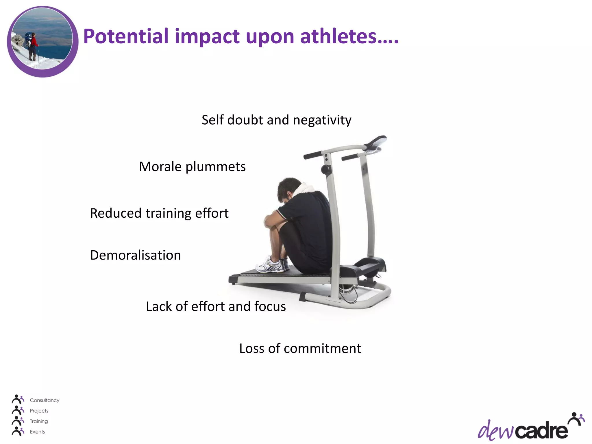 Potential impact upon athletes….


                  Self doubt and negativity


        Morale plummets


Reduced training effort

Demoralisation


         Lack of effort and focus

                          Loss of commitment
 