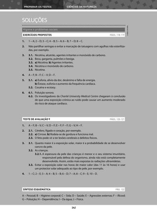 PREPARAR OS TESTES CIÊNCIAS DA NATUREZA
142
1. 1 – A; 2 – D; 3 – C; 4 – B; 5 – A; 6 – B; 7 – D; 8 – C.
2. Não partilhar seringas e evitar a marcação de tatuagens com agulhas não esteriliza-
das, por exemplo.
3. 3.1. Nicotina, alcatrão, agentes irritantes e monóxido de carbono.
3.2. Boca, garganta, pulmões e bexiga.
3.3. a) Nicotina. b) Agentes irritantes.
3.4. Nicotina e monóxido de carbono.
3.5. Nicotina.
4. A – F; B – F; C – V; D – F.
5. 5.1. a) Euforia, alívio da dor, desânimo e falta de energia.
b) Êxtase, euforia e aumento da frequência cardíaca.
5.2. Cocaína e ecstasy.
6. 6.1. Poluição sonora.
6.2. Os investigadores da Charité University Medical Centre chegaram à conclusão
de que uma exposição crónica ao ruído pode causar um aumento moderado
do risco de ataque cardíaco.
1. A – F; B – V; C – V; D – F; E – F; F – F; G – V; H – F.
2. 2.1. Cérebro, fígado e coração, por exemplo.
2.2. a) Cirrose. b) Rodeia-se de gordura e funciona mal.
2.3. O feto pode vir a ter lesões cerebrais e defeitos físicos.
3. 3.1. Quanto maior é a exposição solar, maior é a probabilidade de se desenvolver
cancro da pele.
3.2. As crianças.
3.2.1. A espessura da pele das crianças é menor e o seu sistema imunitário,
responsável pela defesa do organismo, ainda não está completamente
desenvolvido. Assim, estão mais expostas às radiações ultravioletas.
3.3. Evitar a exposição solar nas horas de maior calor (das 11 às 16 horas) e usar
um protector solar adequado ao tipo de pele, por exemplo.
4. 1 – C; 2 – E; 3 – A; 4 – B; 5 – B; 6 – D; 7 – A; 8 – C; 9 – E; 10 – D.
A – Pessoal; B – Higiene corporal; C – Sida; D – Saúde; E – Agressões externas; F – Álcool;
G – Poluição; H – Dependência; I – Da água; J – Física.
Higiene e problemas sociais
EXERCÍCIOS PROPOSTOS PÁGS. 118-119
TESTE DE AVALIAÇÃO 9 PÁGS. 120-121
SÍNTESE ESQUEMÁTICA PÁG. 122
SOLUÇÕES
©
AREAL
EDITORES
 