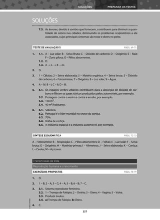 PREPARAR OS TESTES
SOLUÇÕES
137
7.3. As árvores, devido à sombra que fornecem, contribuem para diminuir a quan-
tidade de ozono nas cidades, diminuindo os problemas respiratórios a ele
associados, cujos principais sintomas são tosse e dores no peito.
1. 1.1. A – Luz solar; B – Seiva Bruta; C – Dióxido de carbono; D – Oxigénio; E – Raiz;
F – Zona pilosa; G – Pêlos absorventes.
1.2. D.
1.3. A → C → B → D.
2. D.
3. 1 – Células; 2 – Seiva elaborada; 3 – Matéria orgânica; 4 – Seiva bruta; 5 – Dióxido
de carbono; 6 – Fotossíntese; 7 – Oxigénio; 8 – Luz solar; 9 – Água.
4. A – IV; B – I; C – II; D – III.
5. 5.1. Os espaços verdes urbanos contribuem para a absorção de dióxido de car-
bono e filtram os gases tóxicos produzidos pelos automóveis, por exemplo.
5.2. Protegem contra o vento e contra a erosão, por exemplo.
5.3. 150 m2.
5.4. 40 m2/habitante.
6. 6.1. Sobreiro.
6.2. Portugal é o líder mundial no sector da cortiça.
6.3. 70%.
6.4. Rolha de cortiça.
6.5. A indústria espacial e a indústria automóvel, por exemplo.
A – Fotossíntese; B – Respiração; C – Pêlos absorventes; D – Folhas; E – Luz solar; F – Seiva
bruta; G – Oxigénio; H – Matérias-primas; I – Alimentos; J – Seiva elaborada; K – Cortiça;
L – Caules; M – Açúcares.
1. D.
2. 1 – B; 2 – A; 3 – C; 4 – A; 5 – B; 6 – B; 7 – C.
3. 3.1. Sistema reprodutor feminino.
3.2. 1 – Trompa de Falópio; 2 – Ovário; 3 – Útero; 4 – Vagina; 5 – Vulva.
3.3. Produzir óvulos.
3.4. a) Trompa de Falópio. b) Útero.
4. C.
TESTE DE AVALIAÇÃO 5 PÁGS. 69-71
SÍNTESE ESQUEMÁTICA PÁGS. 72-73
Transmissão da Vida
Reprodução humana e crescimento
EXERCÍCIOS PROPOSTOS PÁGS. 78-79
SOLUÇÕES
©
AREAL
EDITORES
 
