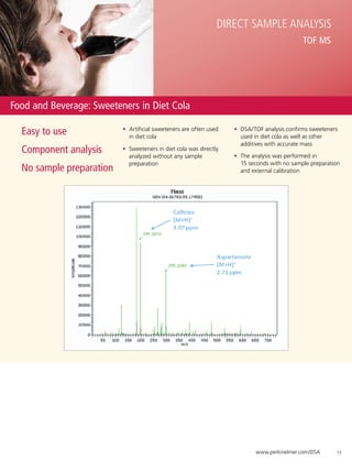 Direct Sample Analysis
                                                                                                TOF MS




Food and Beverage: Sweeteners in Diet Cola

  Easy to use             •	 Artificial sweeteners are often used 	
                             in diet cola
                                                                      •	 DSA/TOF analysis confirms sweeteners
                                                                         used in diet cola as well as other
                                                                         additives with accurate mass
  Component analysis      •	 Sweeteners in diet cola was directly
                             analyzed without any sample              •	 The analysis was performed in 	
                             preparation                                 15 seconds with no sample preparation
  No sample preparation                                                  and external calibration




                                                                              www.perkinelmer.com/DSA       13
 