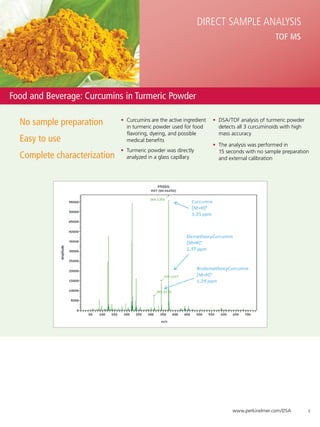 Direct Sample Analysis
                                                                                                 TOF MS




Food and Beverage: Curcumins in Turmeric Powder

  No sample preparation       •	 Curcumins are the active ingredient
                                 in turmeric powder used for food
                                                                       •	 DSA/TOF analysis of turmeric powder
                                                                          detects all 3 curcuminoids with high
                                 flavoring, dyeing, and possible 	        mass accuracy
  Easy to use                    medical benefits
                                                                       •	 The analysis was performed in 	
                              •	 Turmeric powder was directly 	           15 seconds with no sample preparation
  Complete characterization      analyzed in a glass capillary            and external calibration




                                                                               www.perkinelmer.com/DSA           5
 