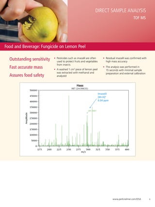 Direct Sample Analysis
                                                                                                  TOF MS




Food and Beverage: Fungicide on Lemon Peel

  Outstanding sensitivity   •	 Pesticides such as imazalil are often
                               used to protect fruits and vegetables
                                                                       •	 Residual imazalil was confirmed with
                                                                          high mass accuracy
                               from insects
  Fast accurate mass        •	 A washed 1 cm3 piece of lemon peel
                                                                       •	 The analysis was performed in
                                                                          15 seconds with minimal sample
                               was extracted with methanol and            preparation and external calibration
  Assures food safety          analyzed




                                                                               www.perkinelmer.com/DSA           6
 