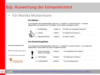 Bsp: Auswertung des Kompetenztest  Für Monika Mustermann Quelle:  http://www.in-eigener-sache.de/cps/rde/xbcr/SID-3F57FEFF-8F56B976/ies/Kompetenzpass_Monika_Mustermann_301005.pdf   