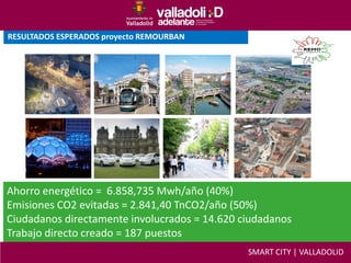RESULTADOS ESPERADOS proyecto REMOURBAN
Ahorro energético = 6.858,735 Mwh/año (40%)
Emisiones CO2 evitadas = 2.841,40 TnCO2/año (50%)
Ciudadanos directamente involucrados = 14.620 ciudadanos
Trabajo directo creado = 187 puestos
SMART CITY | VALLADOLID
 