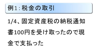 例1：税金の取引
1/4、固定資産税の納税通知
書100円を受け取ったので現
金で支払った
 