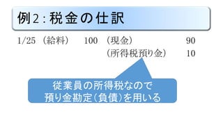例2：税金の仕訳
1/25 （給料） 100 （現金） 90
（所得税預り金） 10
従業員の所得税なので
預り金勘定（負債）を用いる
 