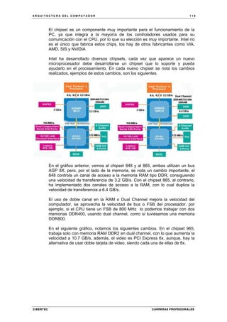 A R Q U I T E C T U R A D E L C O M P U T A D O R 1 1 9
CIBERTEC CARRERAS PROFESIONALES
El chipset es un componente muy importante para el funcionamiento de la
PC, ya que integra a la mayoría de los controladores usados para su
comunicación con el CPU, por lo que su elección es muy importante. Intel no
es el único que fabrica estos chips, los hay de otros fabricantes como VIA,
AMD, SIS y NVIDIA
Intel ha desarrollado diversos chipsets, cada vez que aparece un nuevo
microprocesador debe desarrollarse un chipset que lo soporte y pueda
ayudarlo en el procesamiento. En cada nuevo chipset se nota los cambios
realizados, ejemplos de estos cambios, son los siguientes.
En el gráfico anterior, vemos al chipset 848 y al 865, ambos utilizan un bus
AGP 8X, pero, por el lado de la memoria, se nota un cambio importante, el
848 controla un canal de acceso a la memoria RAM tipo DDR, consiguiendo
una velocidad de transferencia de 3.2 GB/s. Con el chipset 865, al contrario,
ha implementado dos canales de acceso a la RAM, con lo cual duplica la
velocidad de transferencia a 6.4 GB/s.
El uso de doble canal en la RAM o Dual Channel mejora la velocidad del
computador, se aprovecha la velocidad de bus o FSB del procesador, por
ejemplo, si el CPU tiene un FSB de 800 MHz lo podemos trabajar con dos
memorias DDR400, usando dual channel, como si tuviésemos una memoria
DDR800.
En el siguiente gráfico, notamos los siguientes cambios. En el chipset 965,
trabaja solo con memoria RAM DDR2 en dual channel, con lo que aumenta la
velocidad a 10.7 GB/s, además, el video es PCI Express 6x, aunque, hay la
alternativa de usar doble tarjeta de video, siendo cada una de ellas de 8x.
 